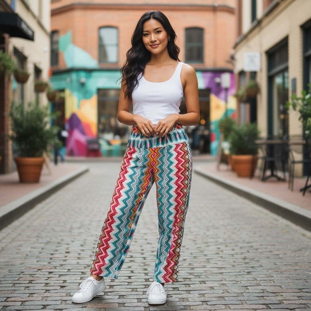 Bhags Boho Colorful Zigzag Knit Wide-Leg Trousers Size M/L